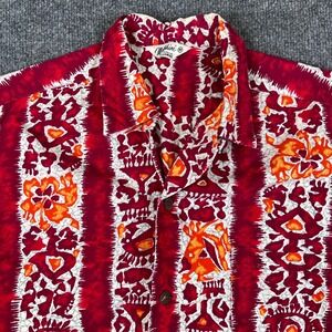 VTG 50s 60s Malihini Hawaiian Shirt Mens M Red Aloha Tiki Flames Loop Collar